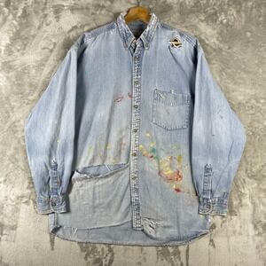 Vintage Denim Button Up Shirt Mens Large Blue Paint Splatter Painter Distressed